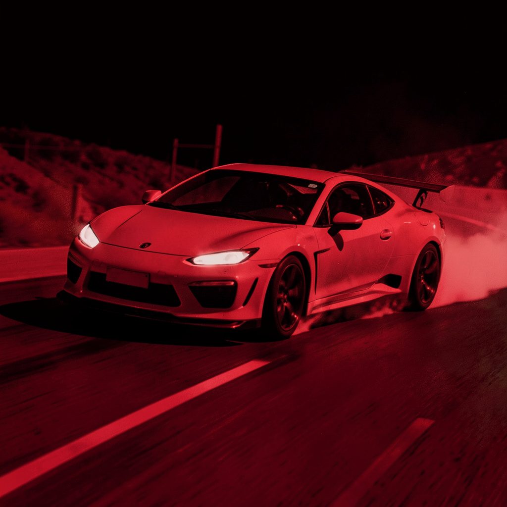 A bold duotone render of a driving game tile in brick red and charcoal, styled as a polished lifestyle photograph.