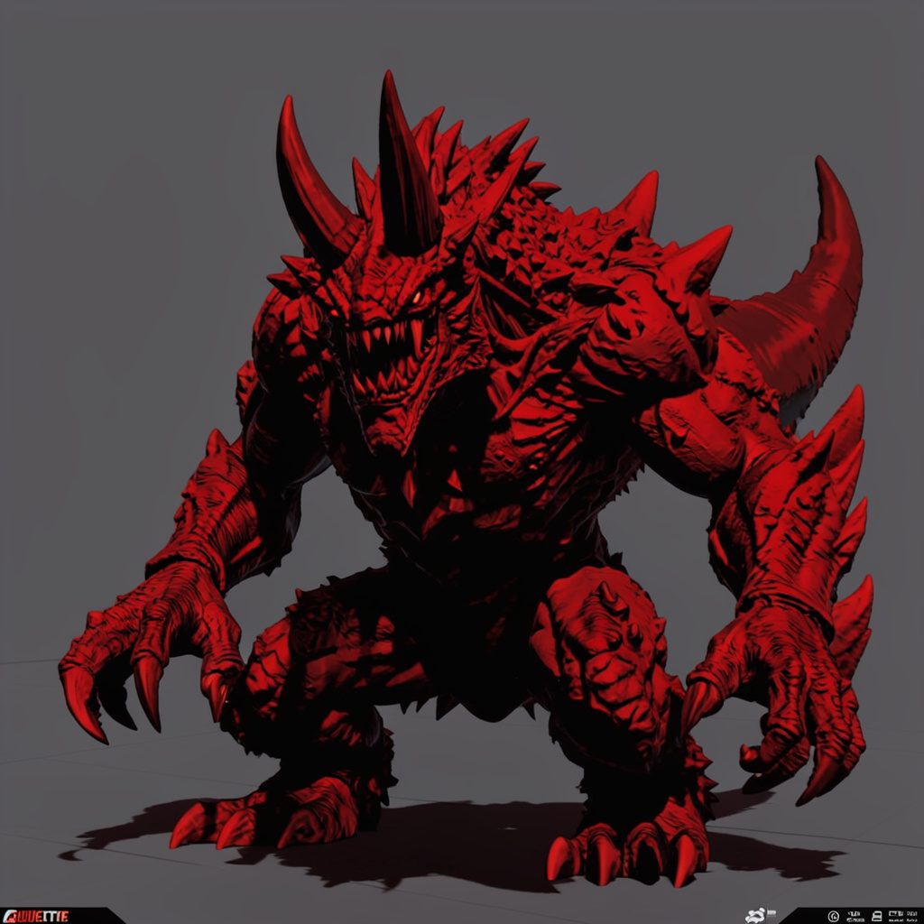 A high-contrast duotone illustration of a monster-themed RPG app tile in vivid red and deep gray, presented as a gallery print.