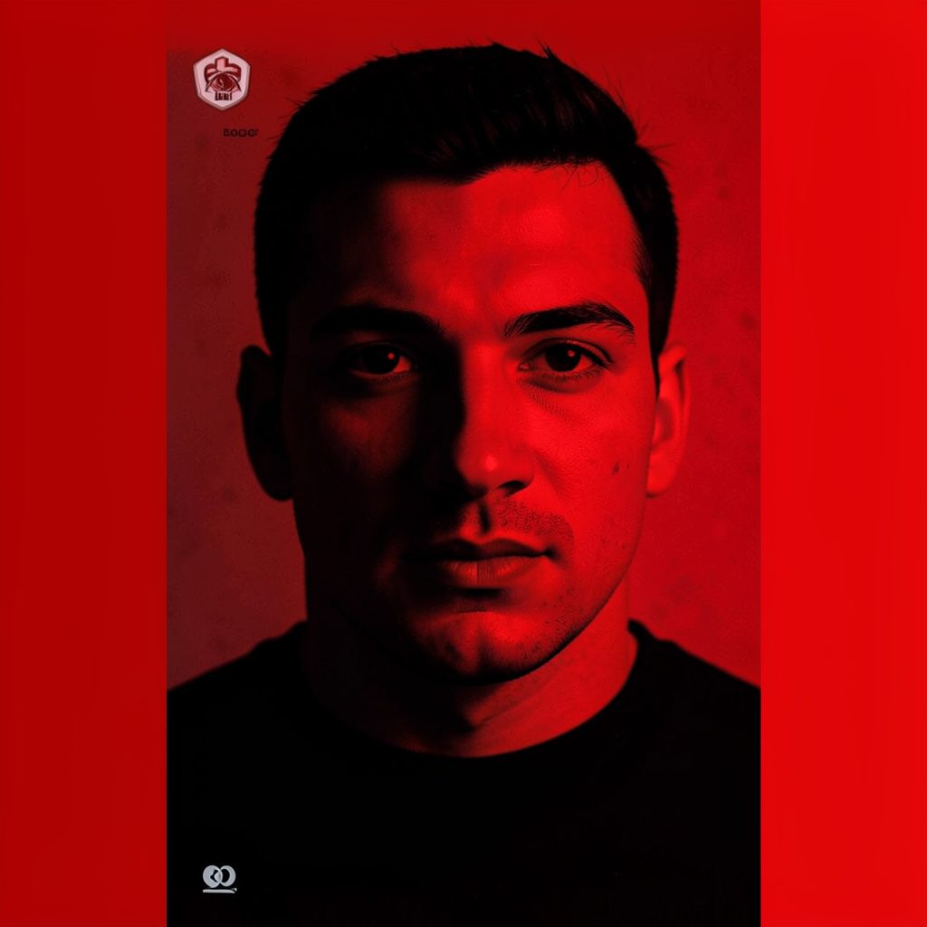 A duotone lifestyle shot of a mobile ringtone app cover rendered in brick red and cream, styled like a clean gallery photograph.